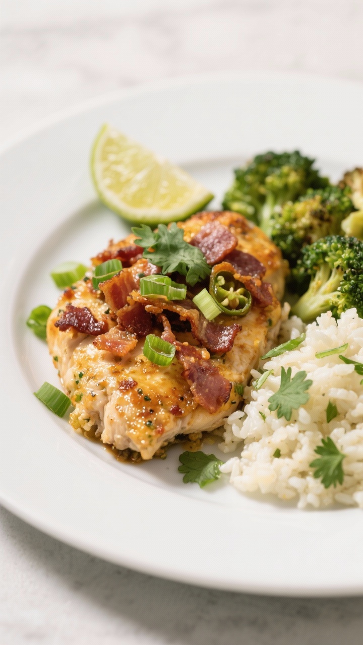 Final plated dish: Restaurant-quality presentation of Keto Jalapeño Popper Chicken on a matte white