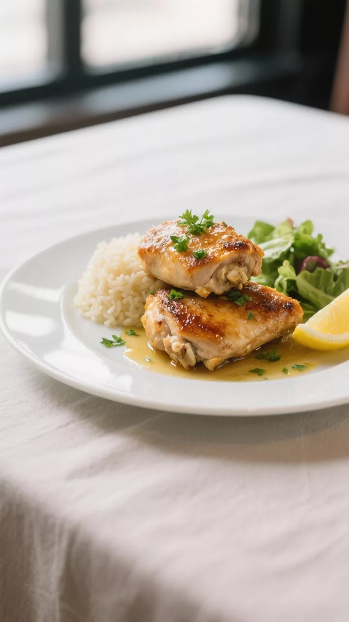 Final plated hero shot: Beautifully plated Baked Chicken Thighs With Garlic Butter on a white coupe 