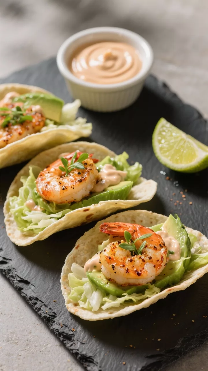 Final plated hero shot: Restaurant-quality presentation of keto shrimp tacos on a dark slate board f