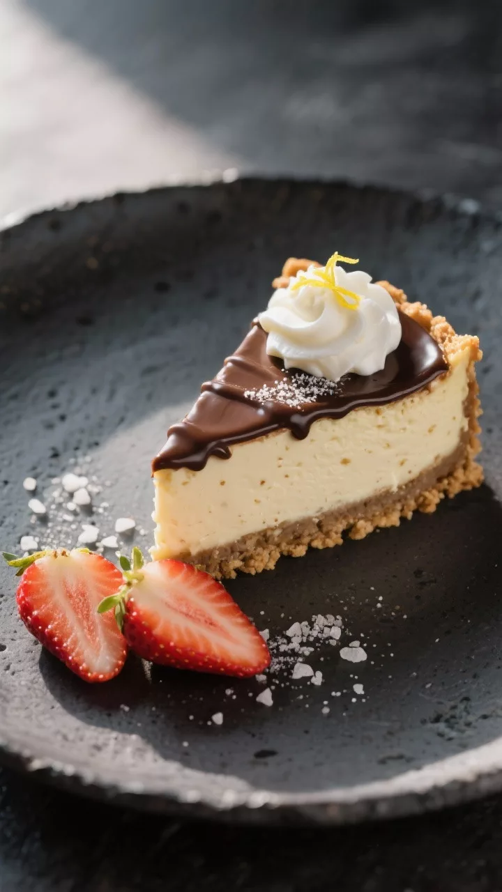 Final plated presentation: A single wedge of keto cheesecake on a charcoal stoneware plate, velvety 