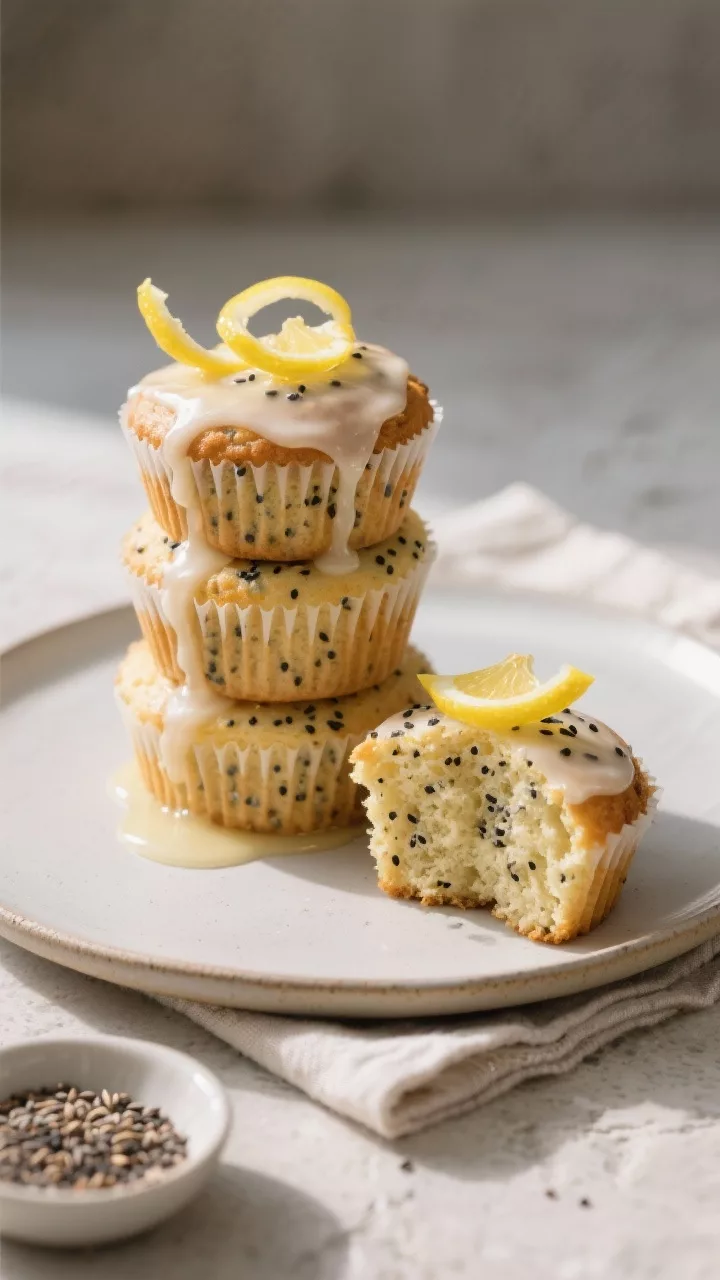 Final plated presentation: bakery-style stack of three glazed keto lemon poppy seed muffins on a mat