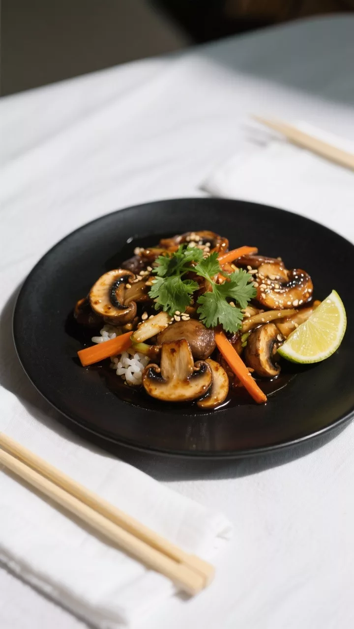 Final plated presentation: Restaurant-quality plating of the stir fry without rice on a matte black 