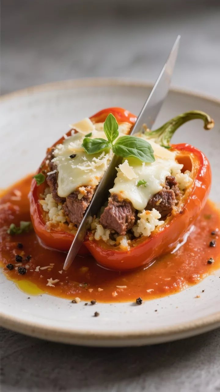 Final plated presentation: Restaurant-quality plate with a single stuffed bell pepper set on a shall