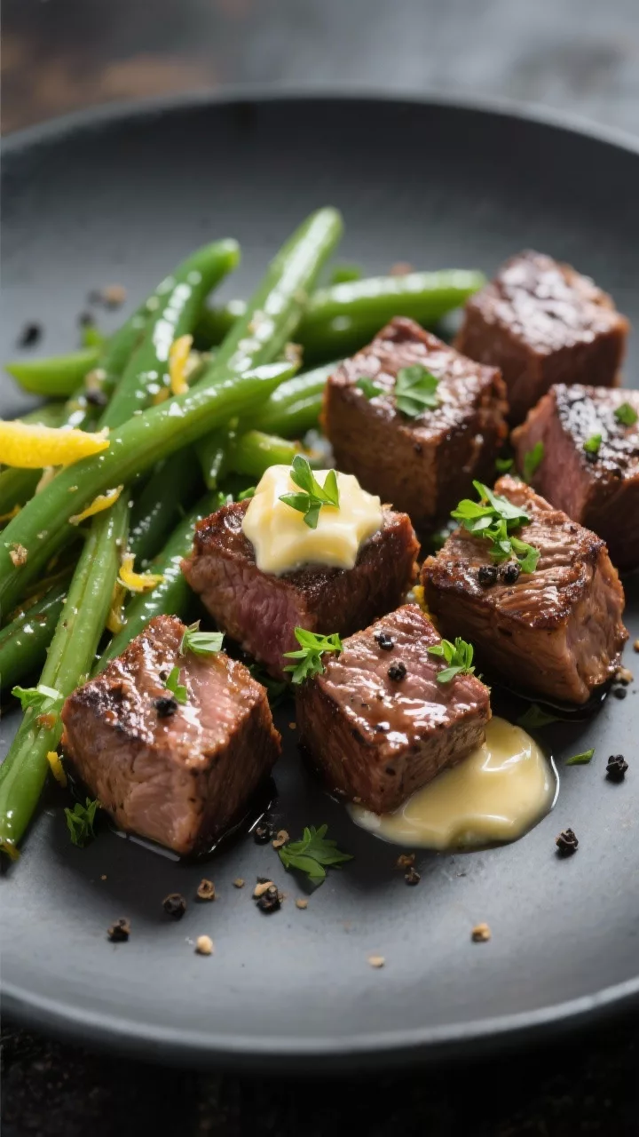 Final plated restaurant-style presentation: keto garlic butter steak bites arranged on a matte charc