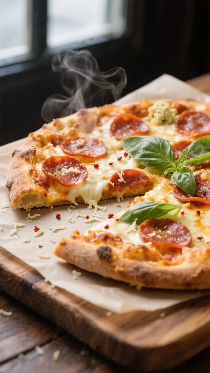 Final presentation shot: Beautifully baked keto cauliflower pepperoni pizza on parchment over a rust