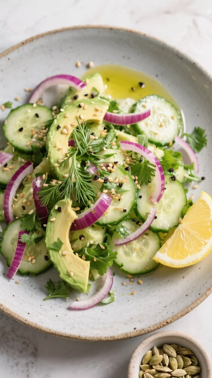 Overhead final presentation: Tasty of the plated Keto Cucumber Avocado Salad arranged on a wide, mat