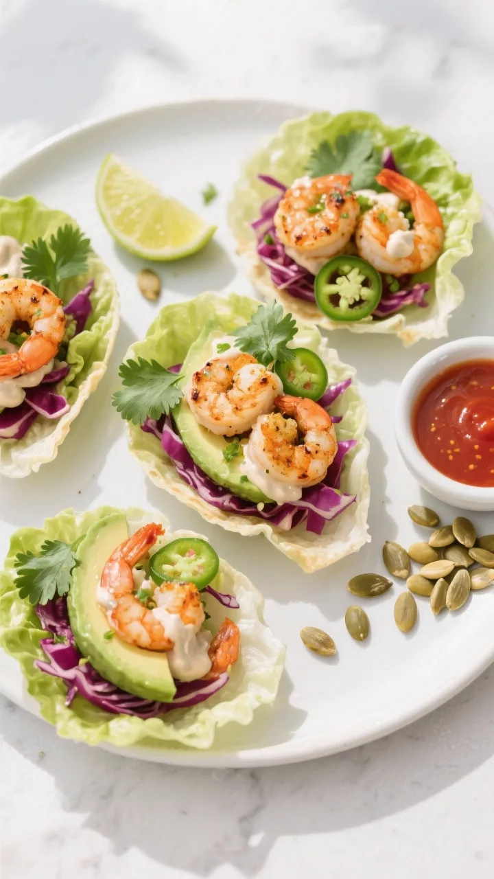 Overhead “tasty top view”: Assembled keto shrimp tacos in crisp butter lettuce cups on a white c