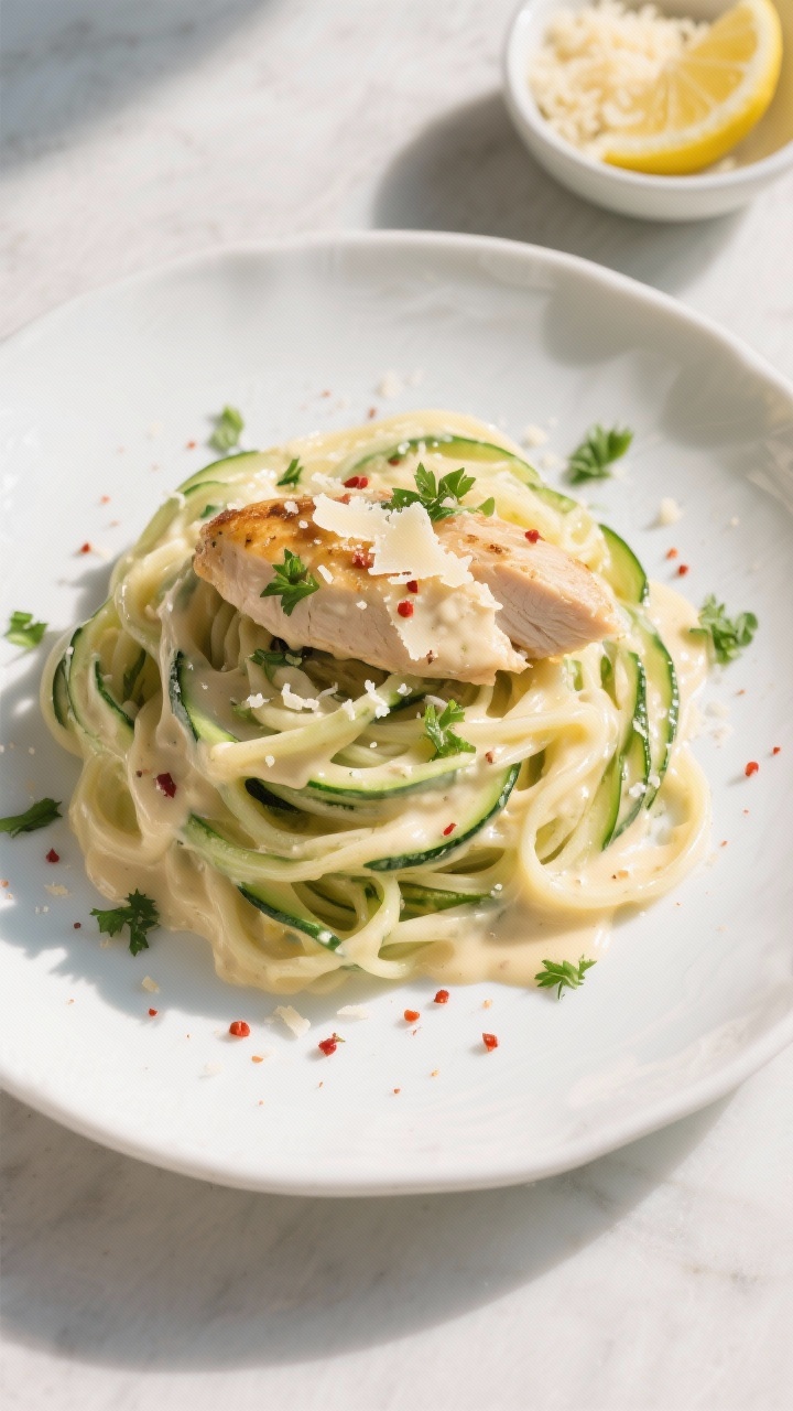 Overhead “tasty top view”: Final plated Chicken Alfredo Zucchini Noodles twirled into a nest on 
