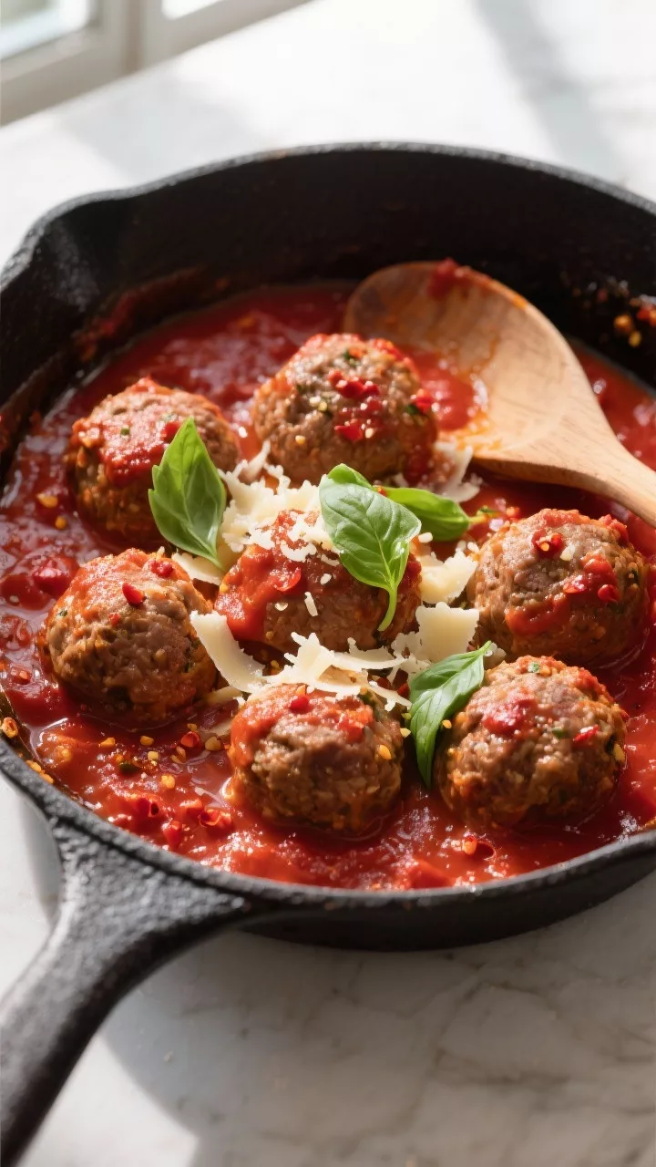 Overhead “tasty top view” of meatballs simmering in low-sugar marinara in a black skillet, sauce