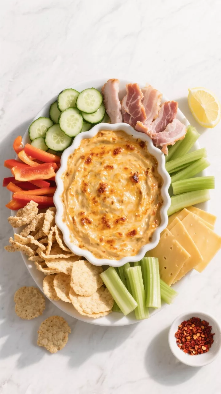 Overhead “tasty top view” of the final dip served family-style: the dip spread evenly in a white