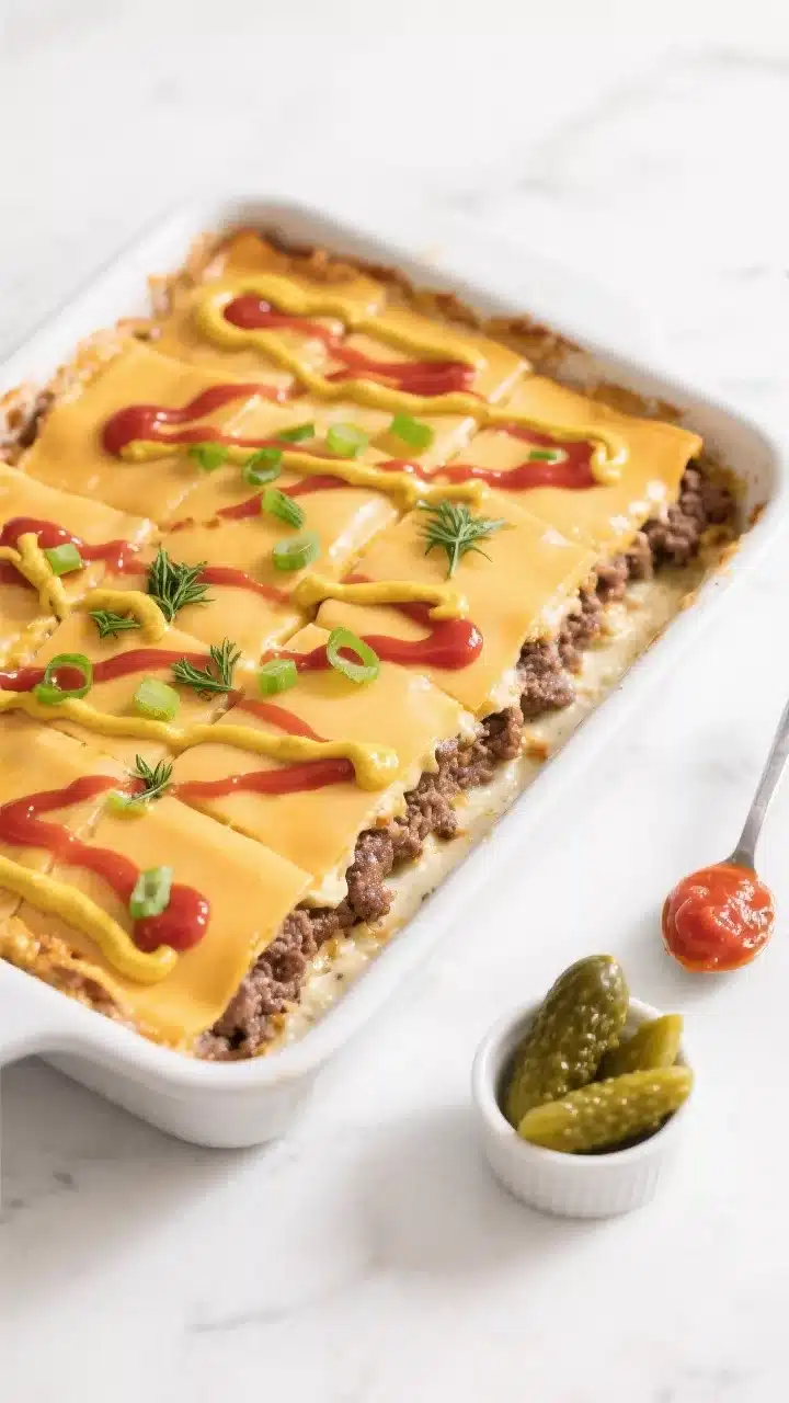 Overhead tasty top view: Sliced Keto Cheeseburger Casserole in a 9x13 pan with clean, square portion
