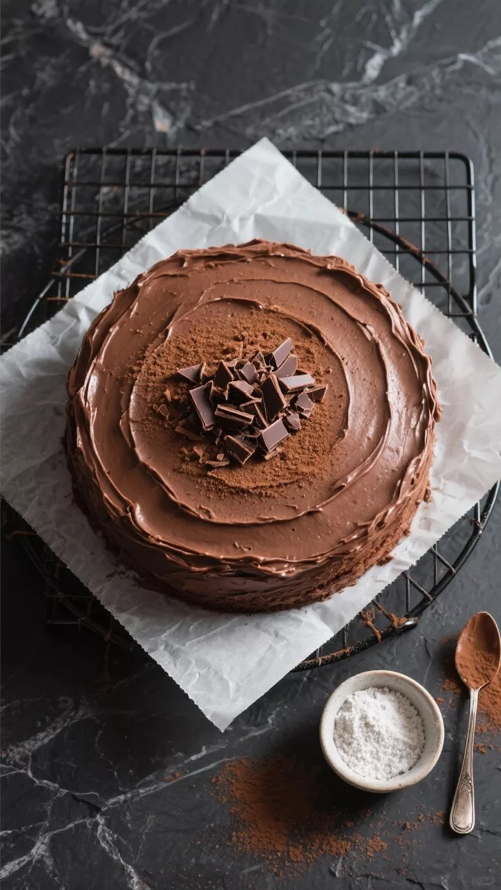 Overhead top-down shot of the fully frosted 8-inch keto chocolate cake on parchment-lined cooling ra