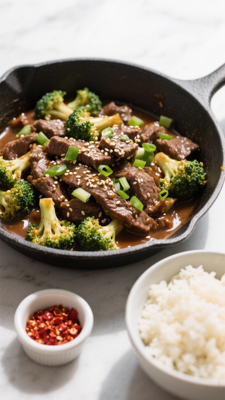 Tasty : Overhead shot of Keto Beef and Broccoli in a wide skillet just after finishing, sauce evenly