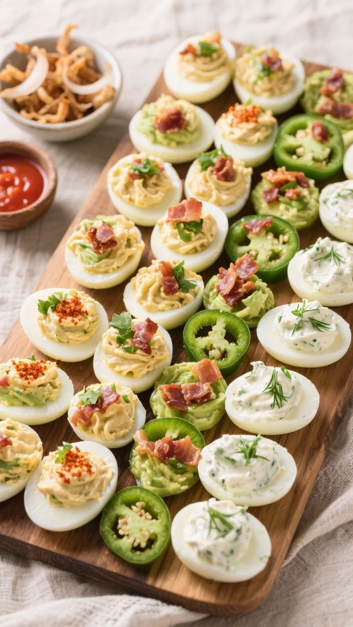 Tasty top-down party platter: Overhead shot of a large board filled with deviled eggs in alternating