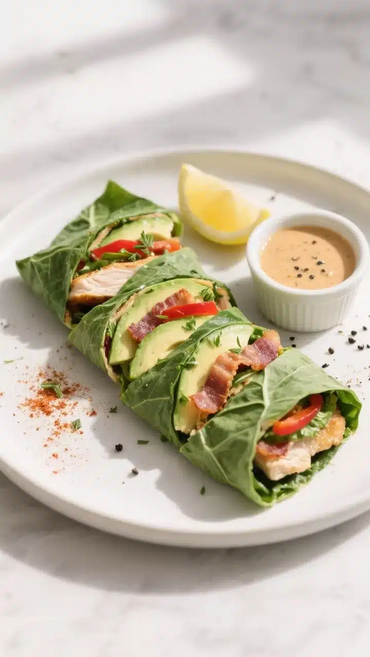 Tasty top view/final dish: Overhead shot of finished Keto Chicken and Bacon Collard Green Wraps, sli