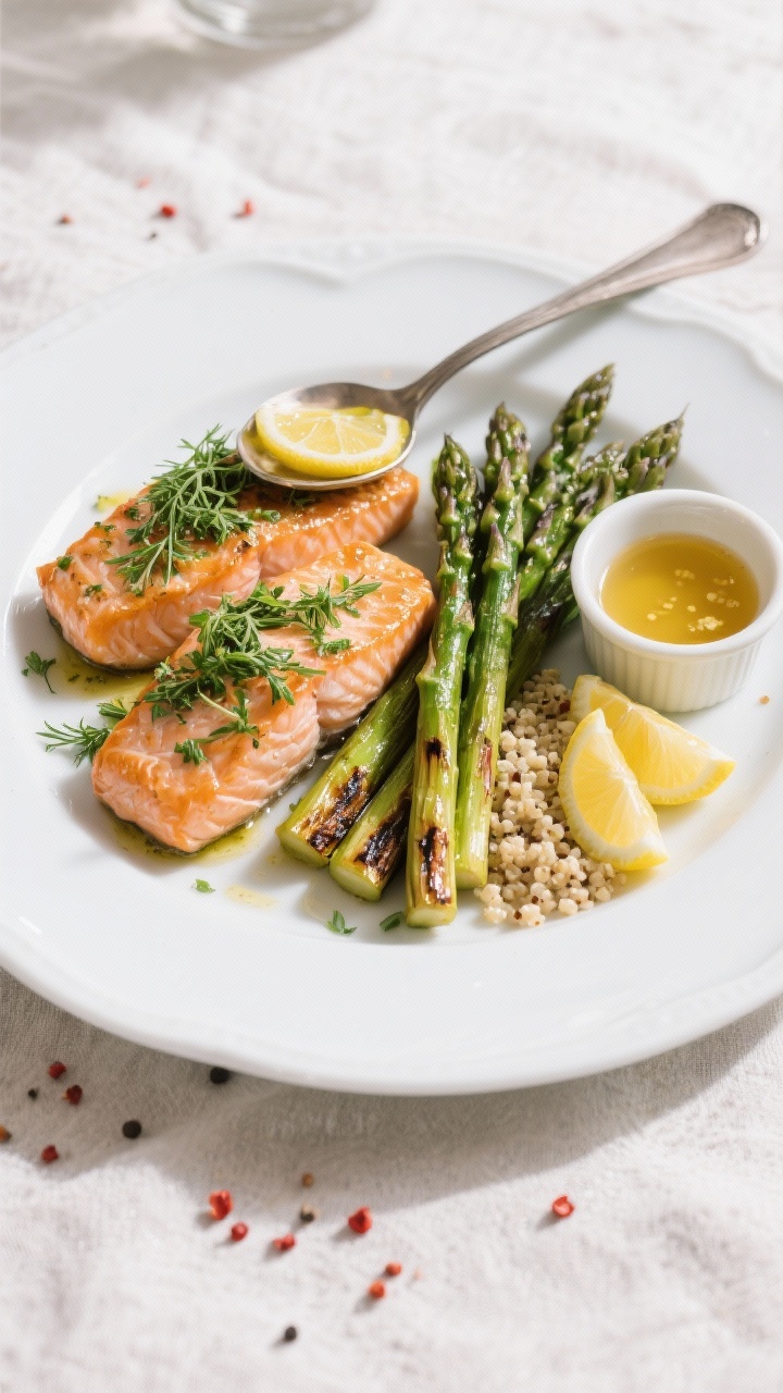 Tasty top view: Final plated dish, overhead shot of two salmon fillets with a spooned-on lemon-herb 