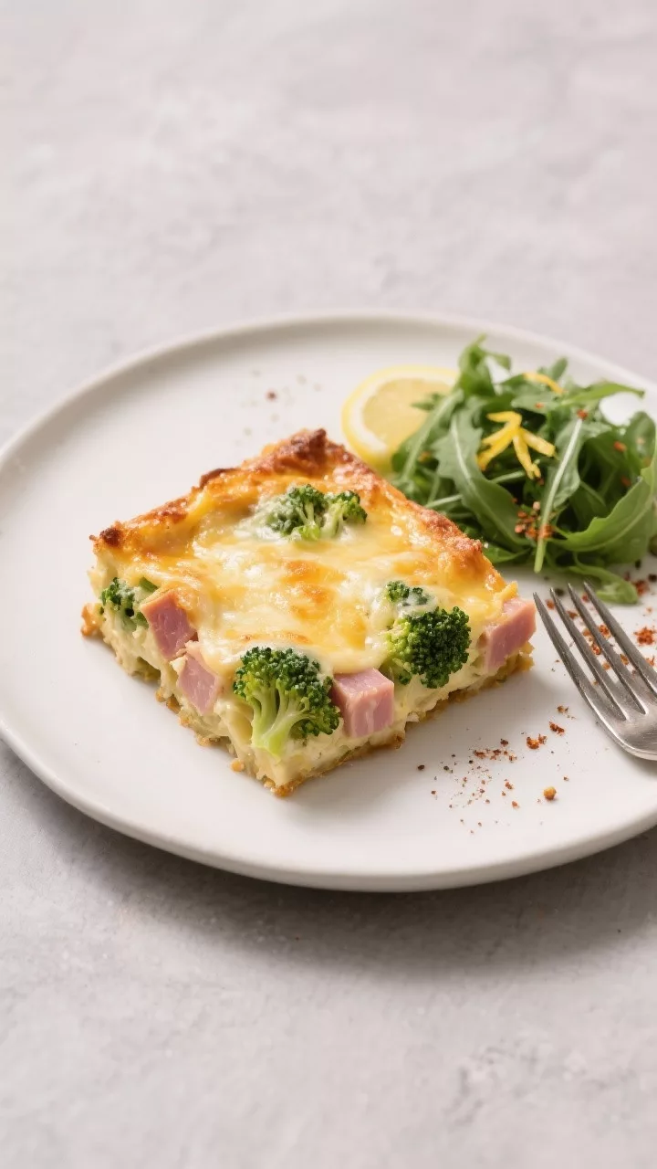 Tasty top view final presentation: Overhead shot of a plated square of Keto Broccoli and Ham Cassero