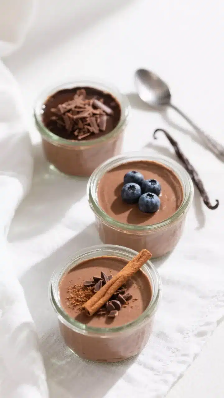 Tasty top view, make-ahead jars: Overhead shot of chilled keto chocolate avocado mousse set in three