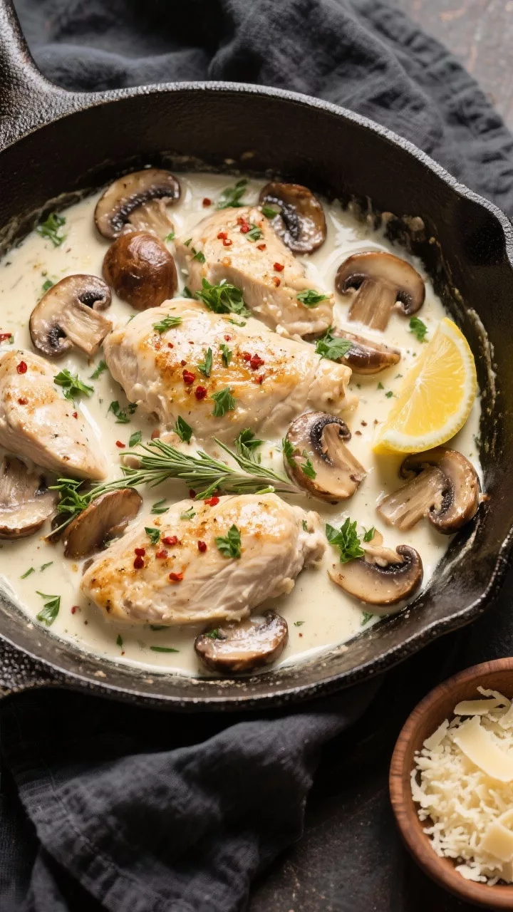 Tasty top view, overhead: Keto chicken and mushroom skillet just after the cream, parmesan, and Dijo