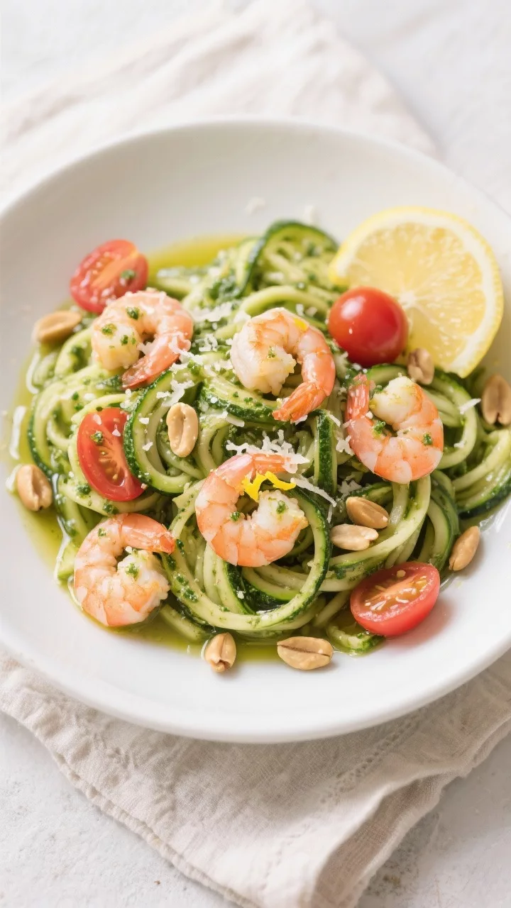 Tasty top view, overhead: Overhead shot of zucchini noodles tossed with glossy basil pesto, mixed wi