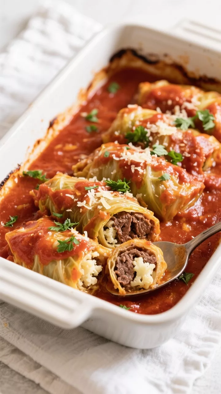 Tasty top view: Overhead shot of a baking dish just out of the oven with cabbage rolls nestled in a 