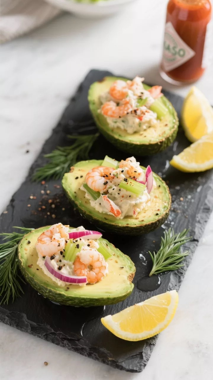 Tasty top view: Overhead shot of a chilled platter with three stuffed avocado halves arranged on a s