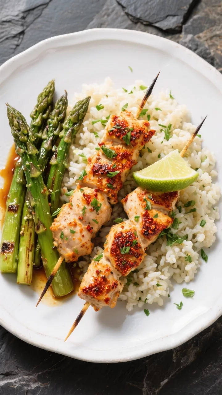 Tasty top view: Overhead shot of a complete keto meal plate featuring two Spicy Chicken Skewers atop
