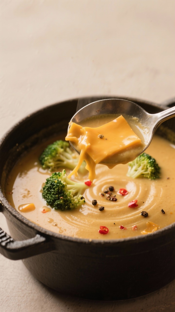 Tasty top view: Overhead shot of a ladle hovering over the pot, lifting thick, velvety soup with glo