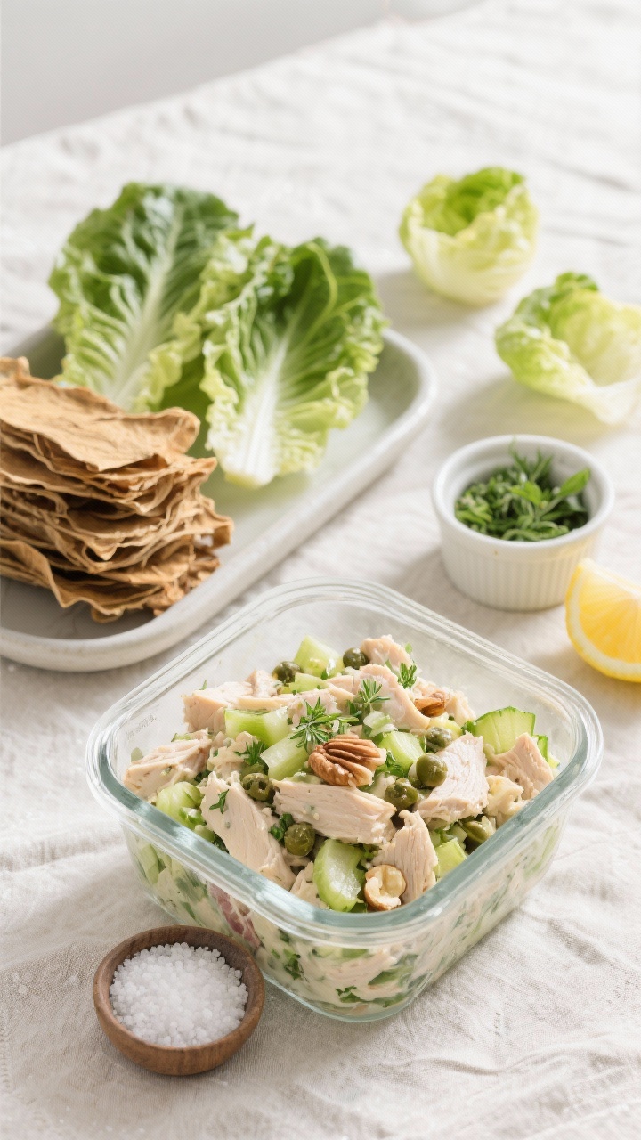 Tasty top view: Overhead shot of a meal-prep spread—chilled chicken salad in a glass container alo