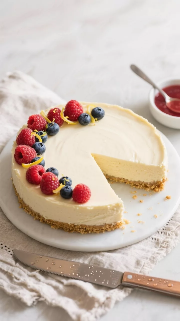 Tasty top view: Overhead shot of a perfectly sliced keto cheesecake on a matte white cake stand, ult