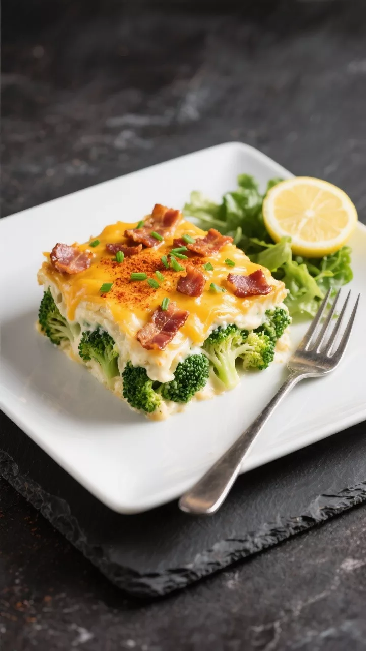 Tasty top view: Overhead shot of a plated serving of Keto Broccoli and Bacon Casserole on a matte wh