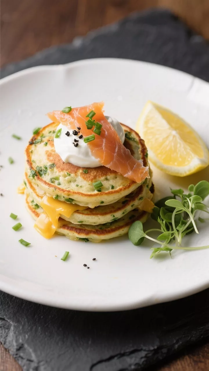 Tasty top view: Overhead shot of a savory herb variation—small pancakes flecked with chives and ch