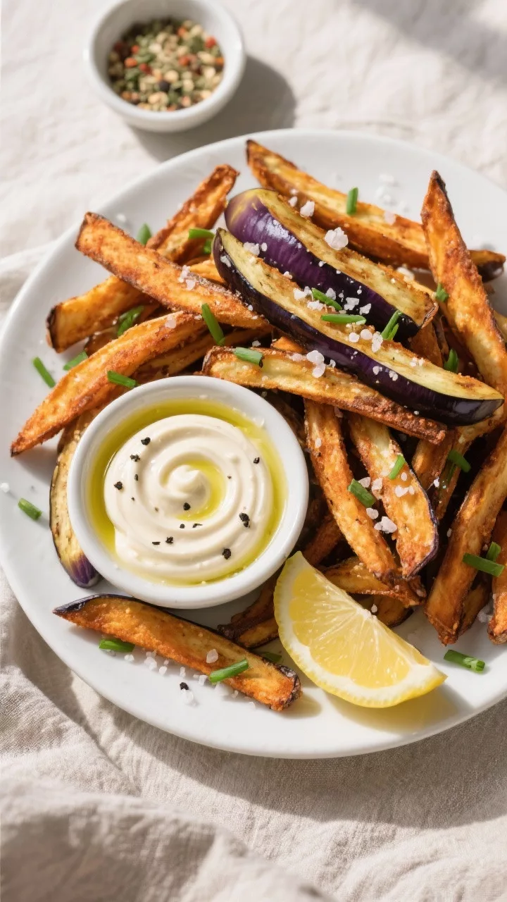 Tasty top view: Overhead shot of a shareable platter piled high with keto eggplant fries, sprinkled 