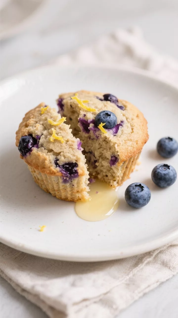 Tasty top view: Overhead shot of a split-open keto blueberry muffin on a matte white plate, showing 