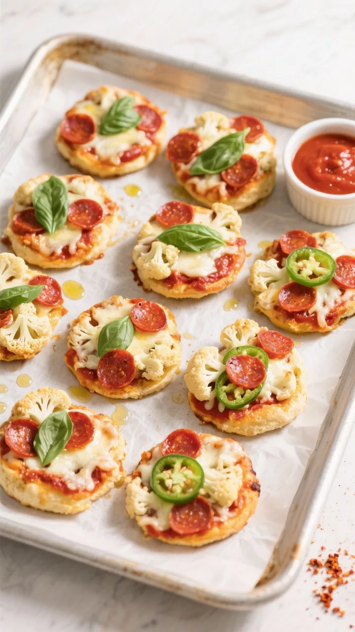 Tasty top view: Overhead shot of a tray of cauliflower pizza bites finished with sauce, melted low-m