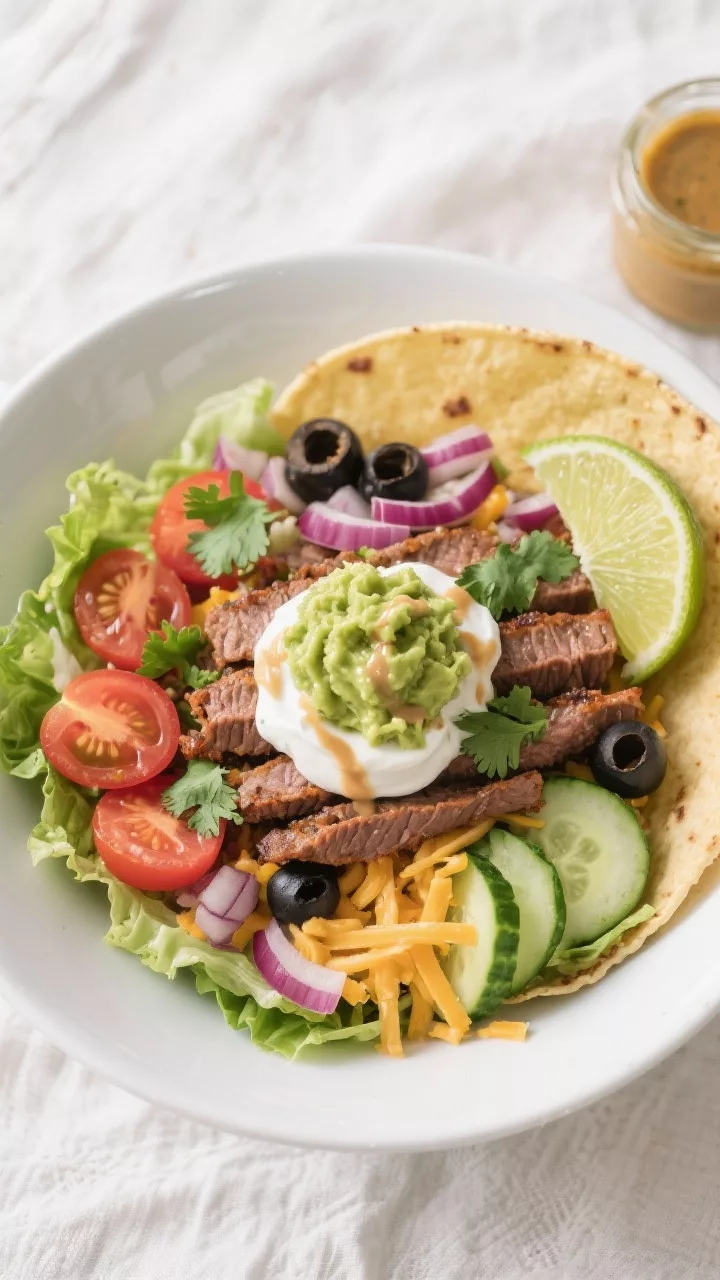 Tasty top view: Overhead shot of assembled Keto Taco Salad bowl—crisp romaine base topped with nea