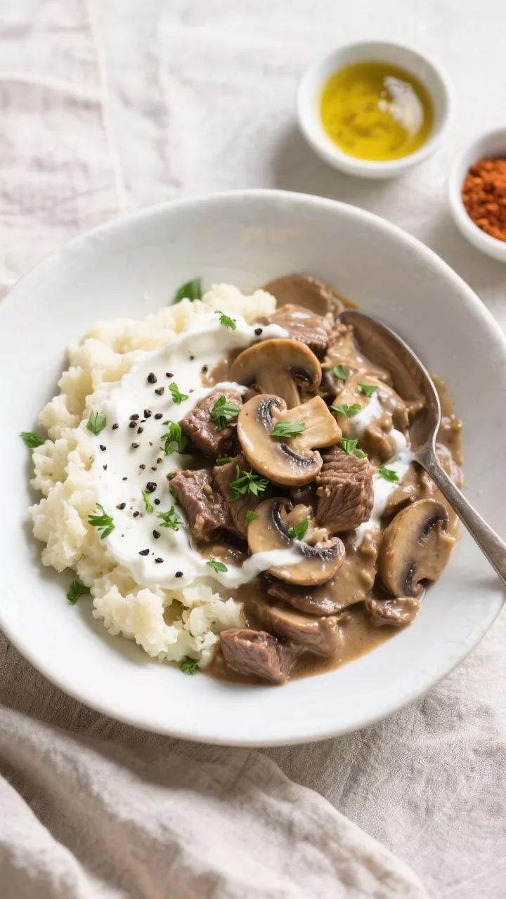 Tasty top view: Overhead shot of Beef and Mushroom Keto Stroganoff spooned over creamy cauliflower m