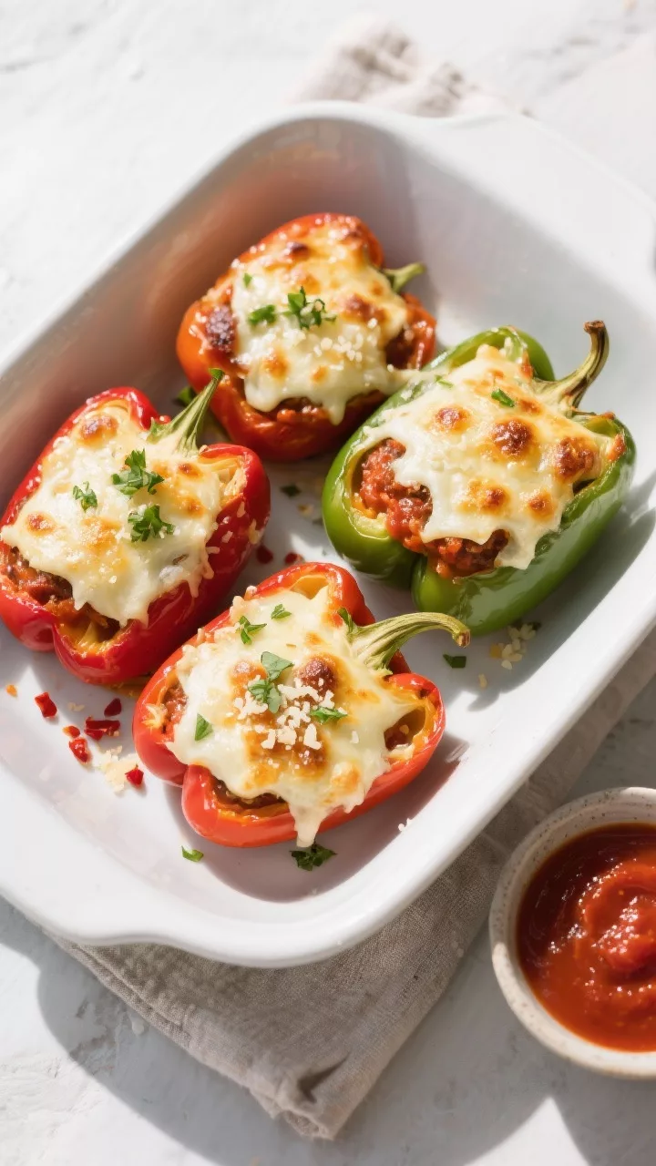 Tasty top view: Overhead shot of four baked keto stuffed bell peppers in a white casserole, mozzarel