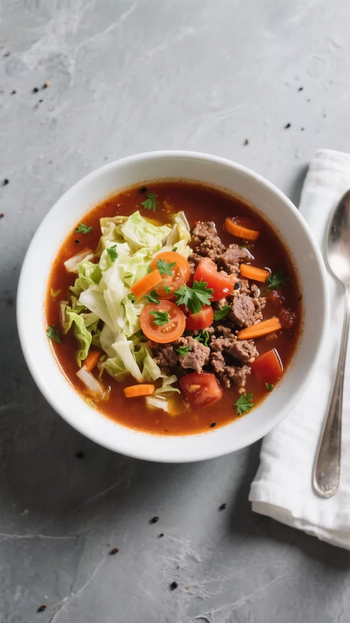 Tasty top view: Overhead shot of Keto Cabbage Beef Soup served in a wide white bowl on a matte slate