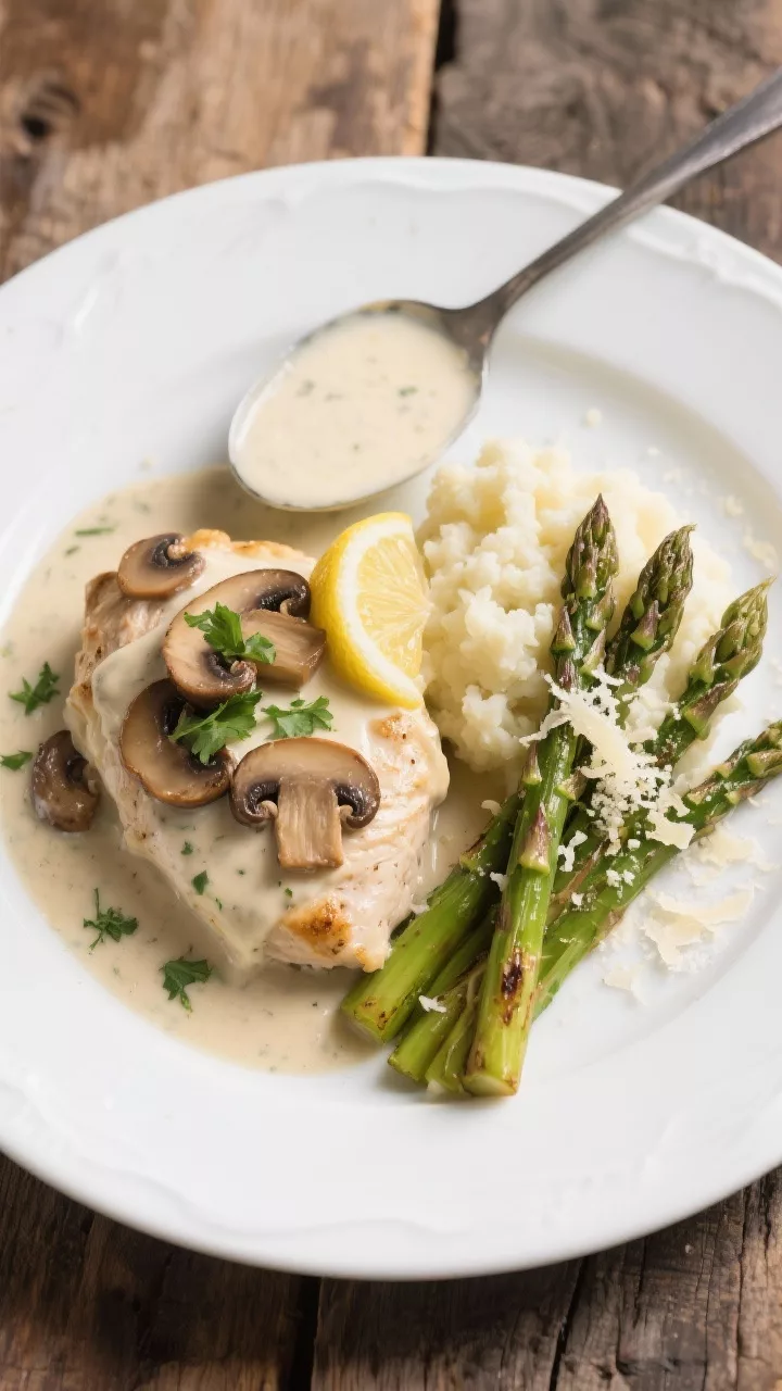 Tasty top view: Overhead shot of Keto Creamy Mushroom Chicken plated with a generous spoonful of thi