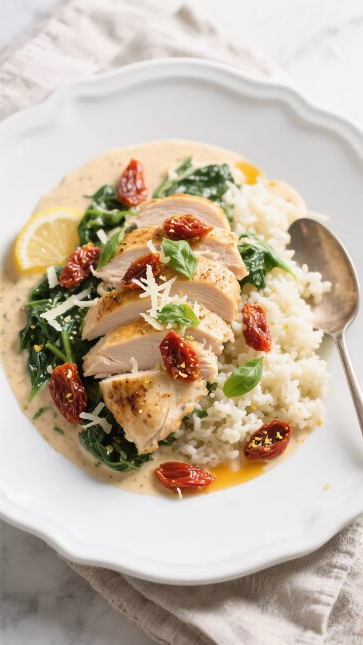 Tasty top view: Overhead shot of Keto Creamy Tuscan Chicken plated with cauliflower rice; sliced chi