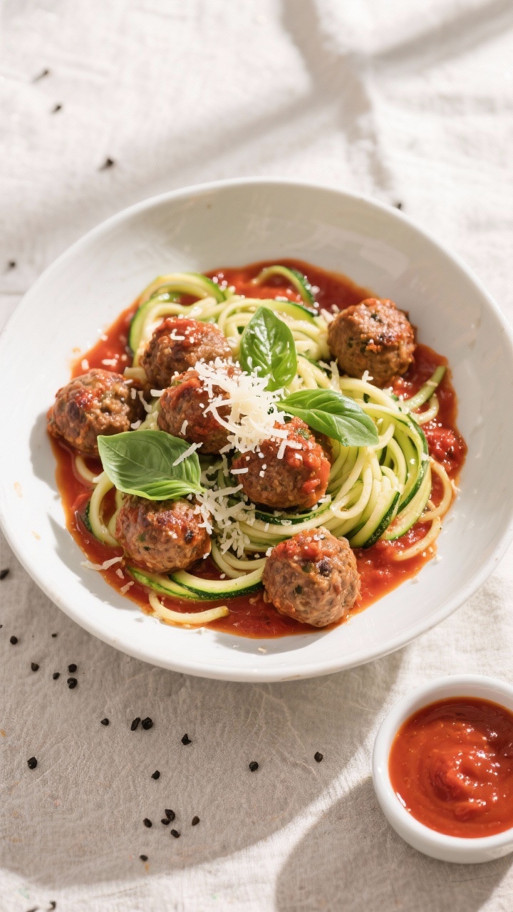 Tasty top view: Overhead shot of keto meatballs served over twirled zucchini noodles in a wide white