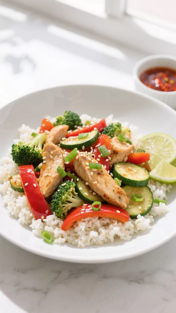 Tasty top view: Overhead shot of Low-Carb Chicken and Vegetable Stir Fry served over fluffy cauliflo