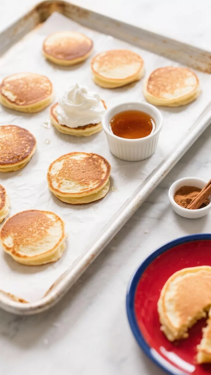Tasty top view: Overhead shot of multiple small 3–4 inch pancakes arranged on a pre-warmed baking 