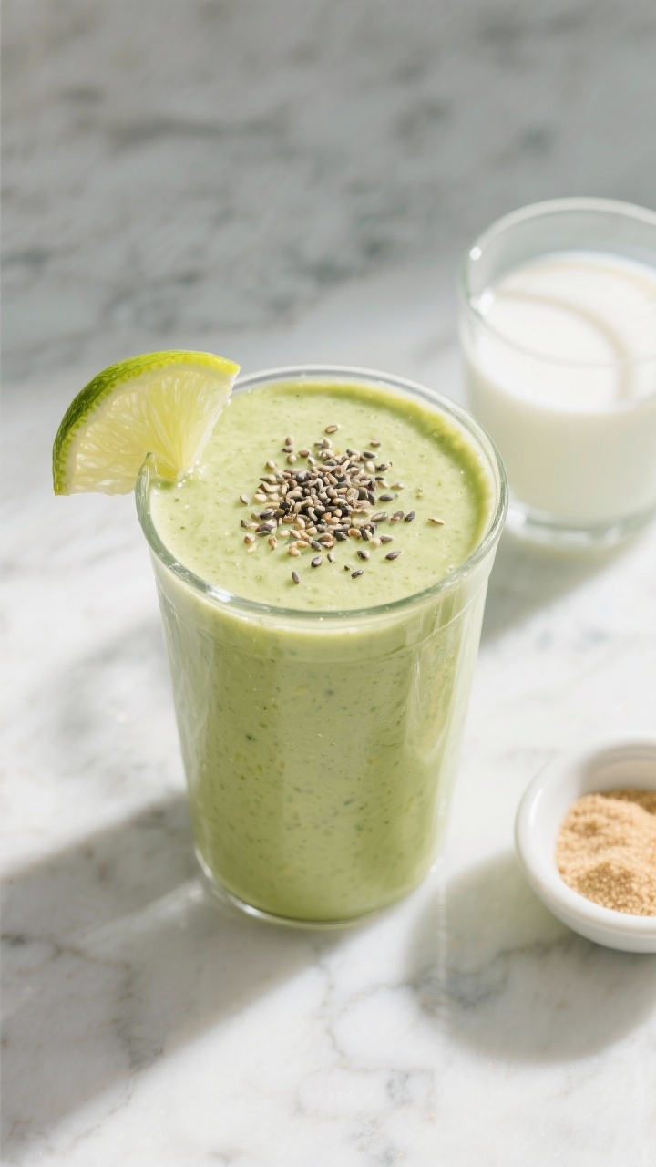 Tasty top view: Overhead shot of the finished keto avocado smoothie in a clear tumbler, topped with