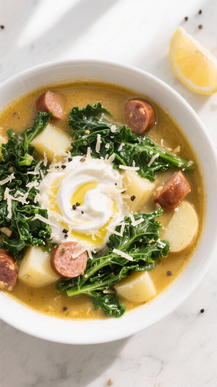 Tasty top view: Overhead shot of the finished Sausage and Kale Soup in a wide, shallow white bowl—