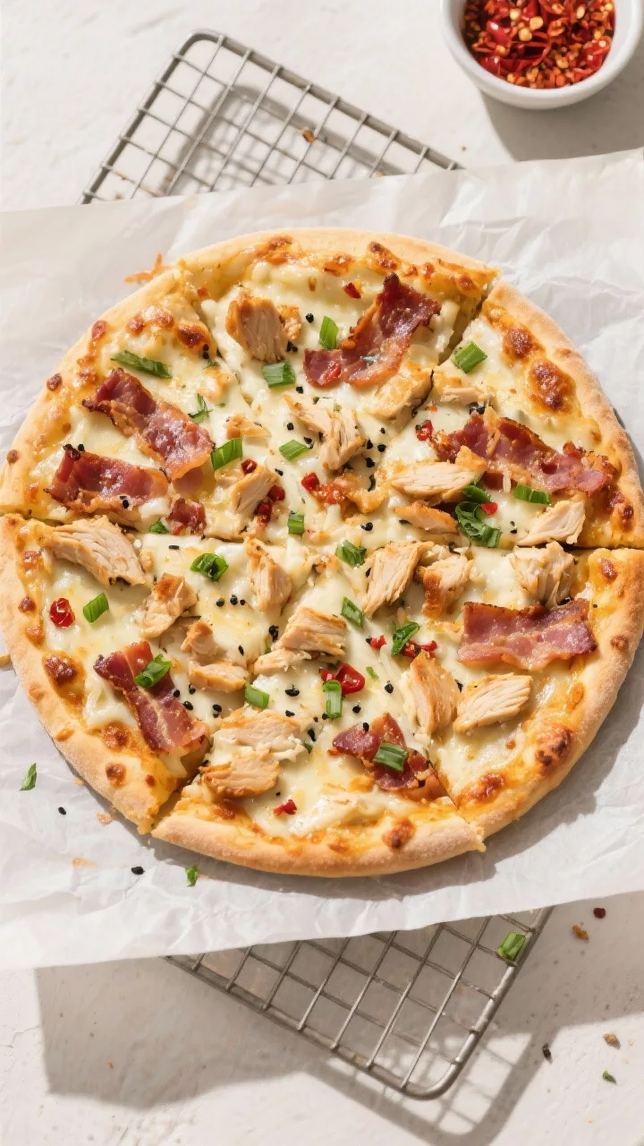 Tasty top view: Overhead shot of the fully baked Keto Chicken Bacon Ranch Pizza on parchment, 12-inc