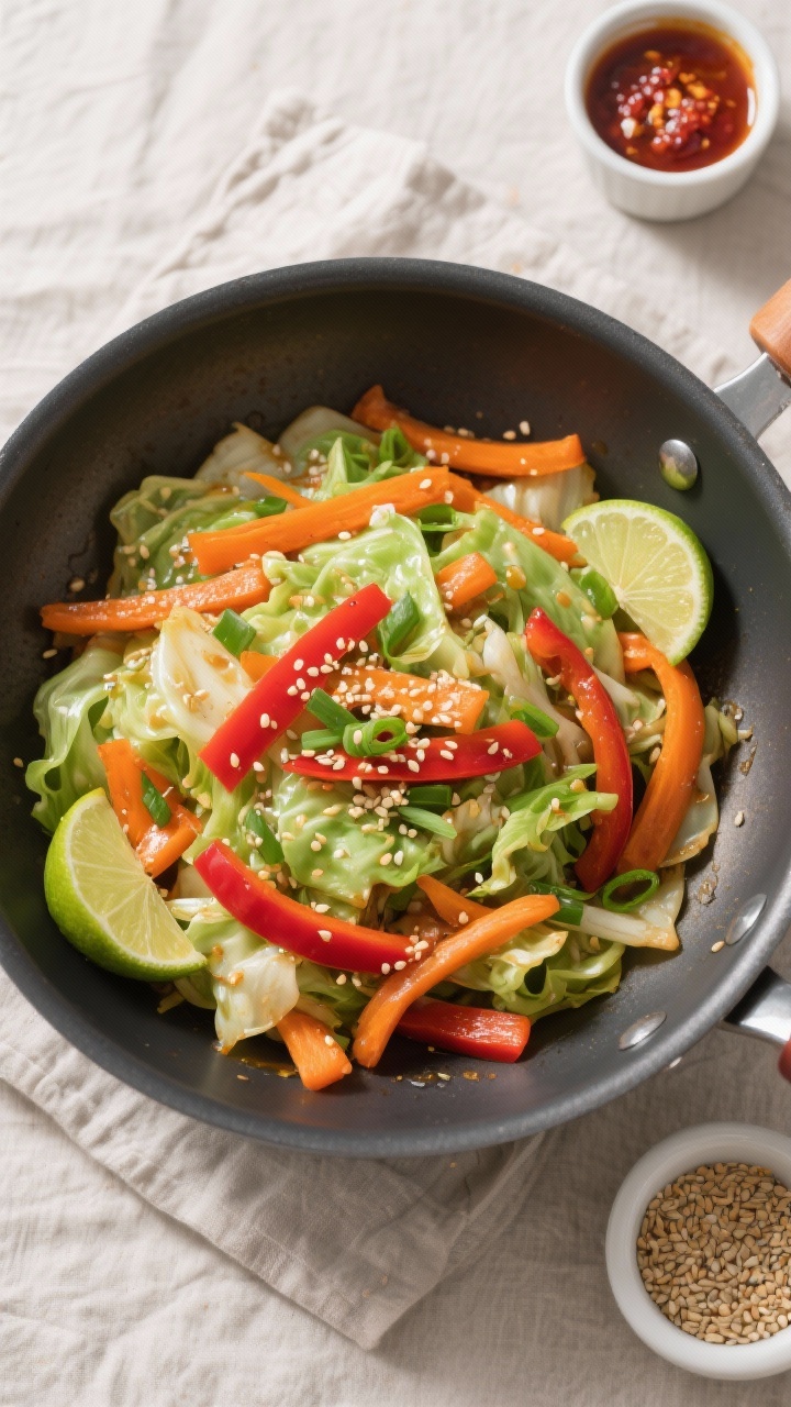 Tasty top view, overhead shot: Overhead shot of the finished Low-Carb Cabbage Stir Fry in the wok, e
