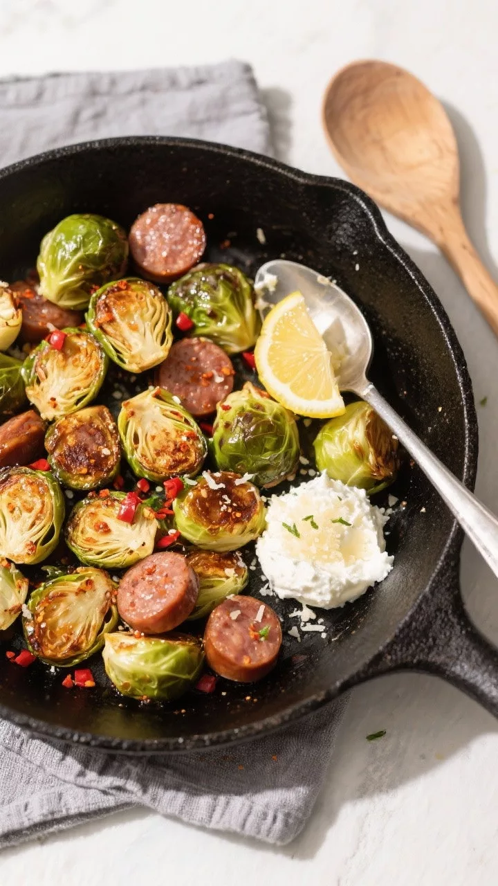 Tasty top-view skillet shot: Overhead shot of the finished one-pan meal in a black skillet—crispy 