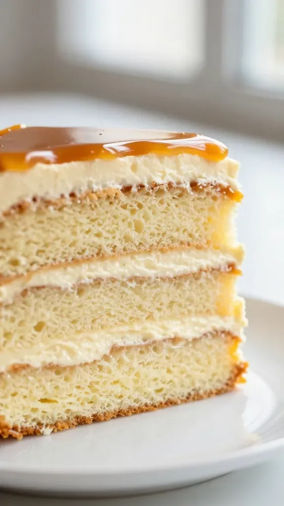 Ultra-closeup of a three-layer vanilla cake slice on a simple white plate: tender, pale golden vanilla crumb with thin, even layers of smooth vanilla buttercream between each tier, topped with a glossy, slightly salted caramel drip that cascades just over the top edge; soft natural window light, shallow depth of field, no text, no extra toppings, neutral background.